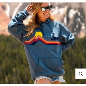Jeep Jedco Mountain Stripe Raglan Hoodie Sweatshirt Blue Womens Small